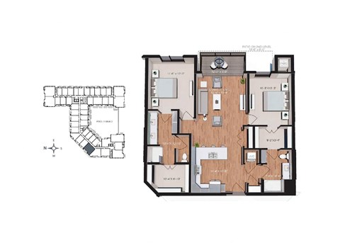 Floor plan for 2 beds, 2 baths, 1197 sqft
